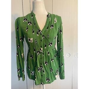 Maeve Size 2 Women's Long Sleeve Blouse Green w/ Bull‎ Dogs